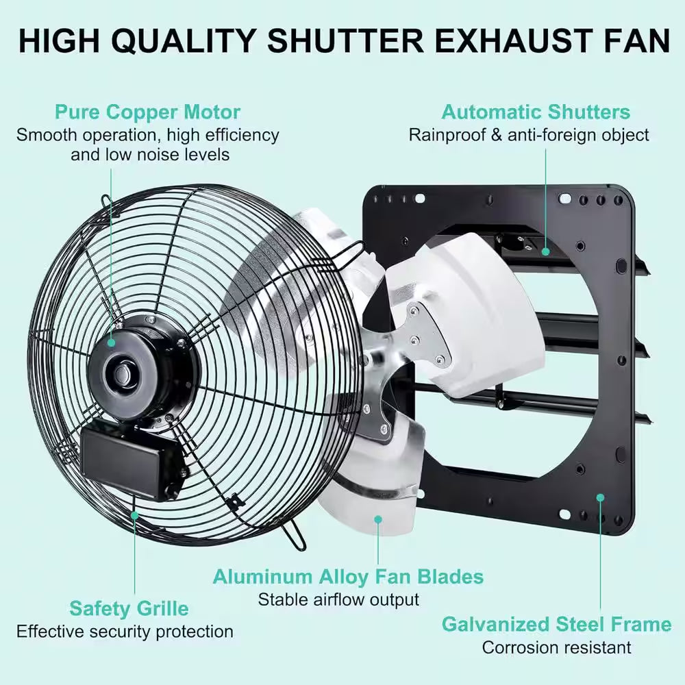 14 In. Wall Mount Shutter Exhaust Fan, 1088 CFM, Black, for Greenhouse, Garage, Barn Ventilation