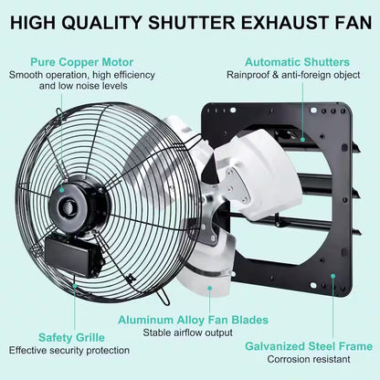 14 In. Wall Mount Shutter Exhaust Fan, 1088 CFM, Black, for Greenhouse, Garage, Barn Ventilation
