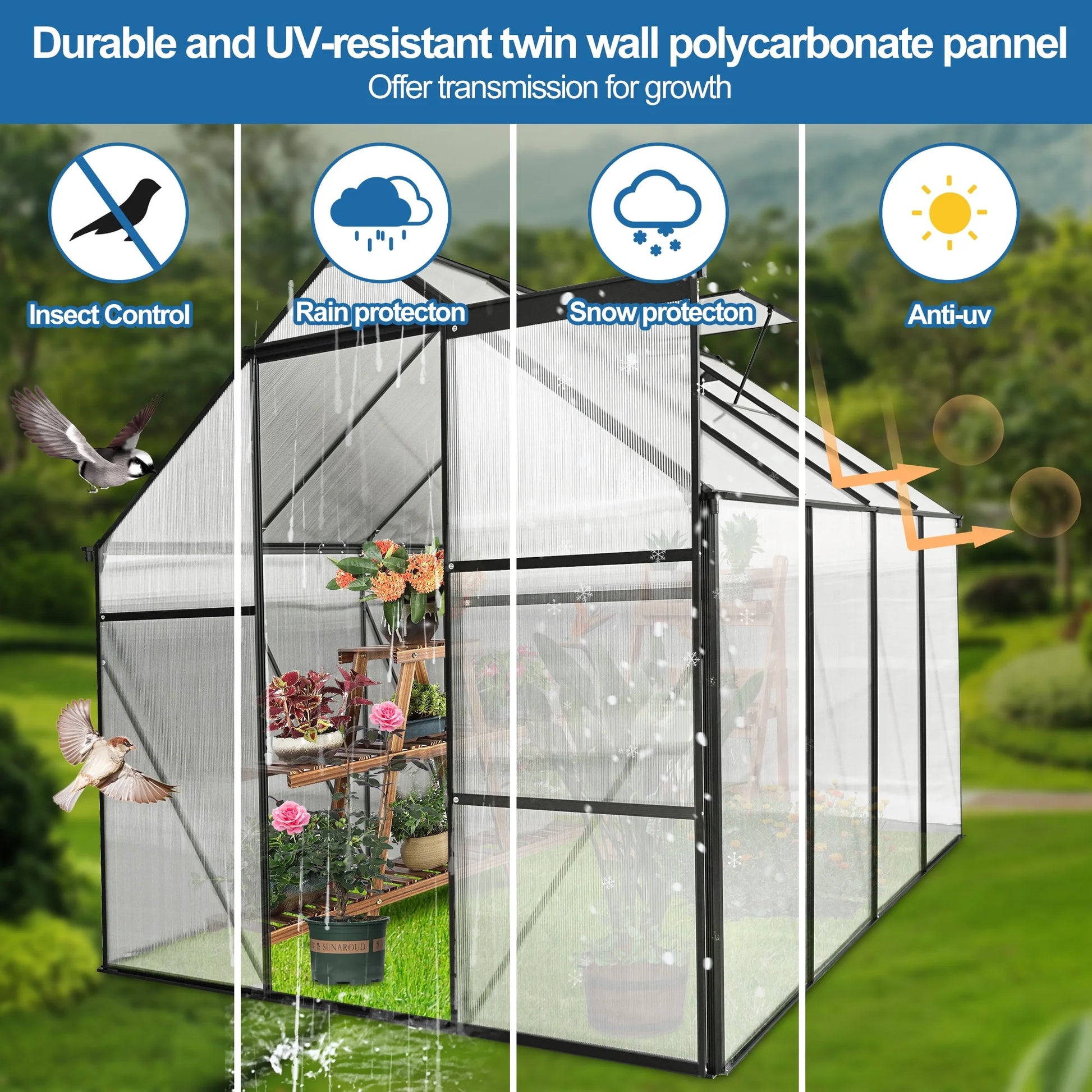 Walk in Greenhouse, Garden Greenhouse for Outdoors, Upgraded Polycarbonate Plant Greenhouse with Sliding Door, Adjustable Roof Vent, 6.2' X 8.2' X 6.4'