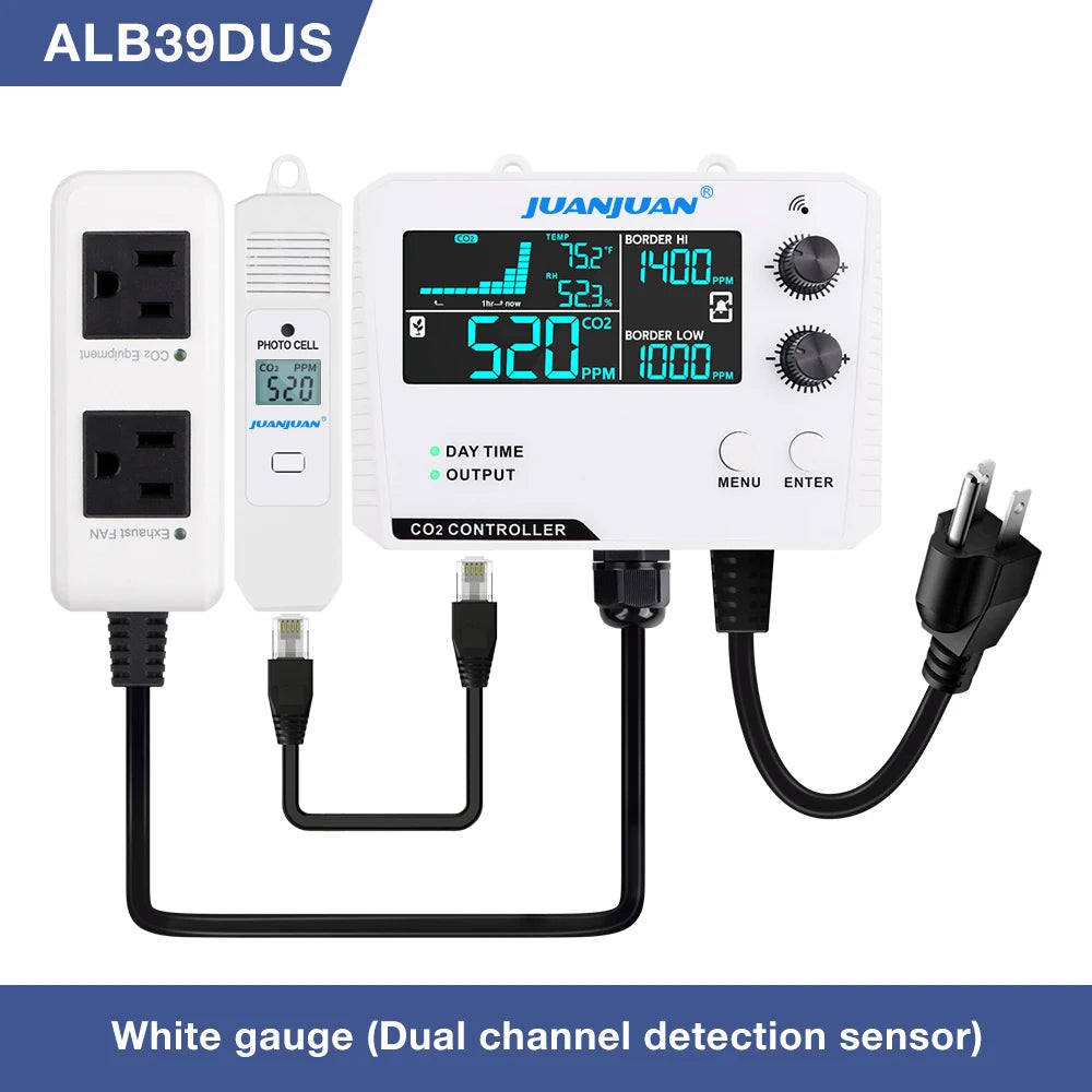 Smart CO2 Controller Dual Channel NDIR CO2 Sensor Day Night Carbon Dioxide Detector 0-5000PPM for Greenhouse Hydroponics
