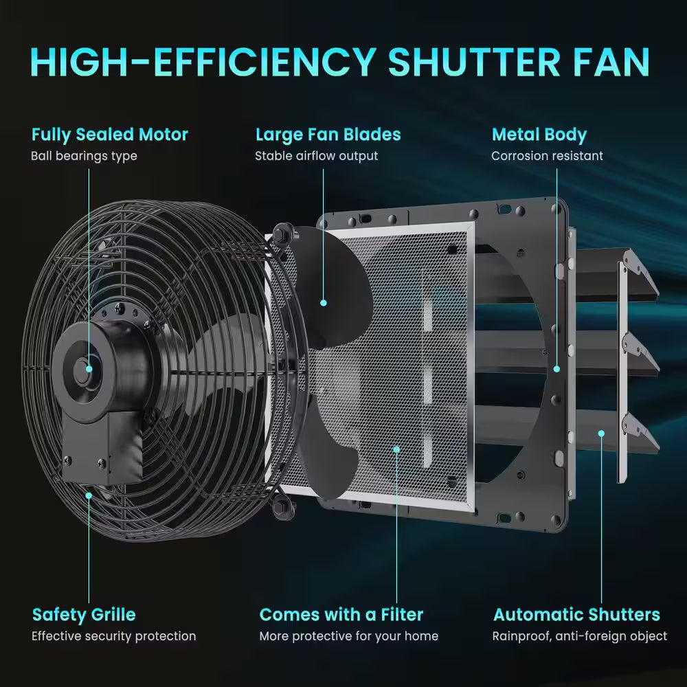 10 In. Shutter Exhaust Fan with Speed Controller, 647CFM, Black, Wall Mounted, Greenhouse Electric Powered Aluminum