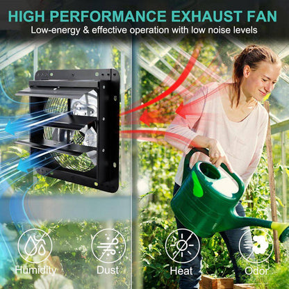 14 In. Wall Mount Shutter Exhaust Fan, 1088 CFM, Black, for Greenhouse, Garage, Barn Ventilation