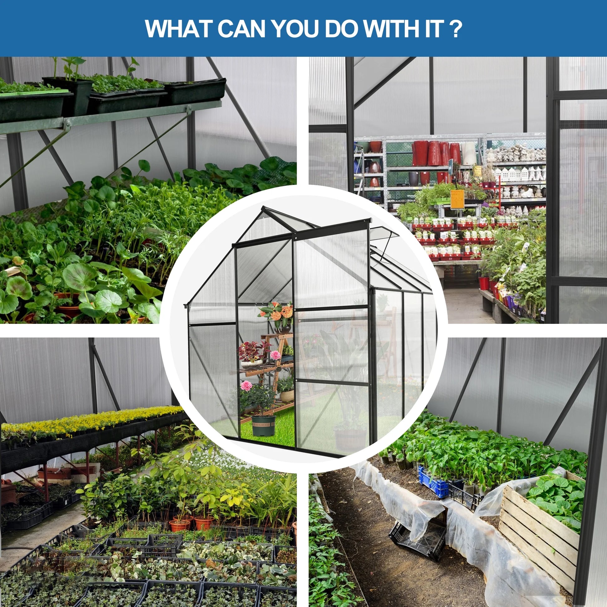 Walk in Greenhouse, Garden Greenhouse for Outdoors, Upgraded Polycarbonate Plant Greenhouse with Sliding Door, Adjustable Roof Vent, 6.2' X 8.2' X 6.4'