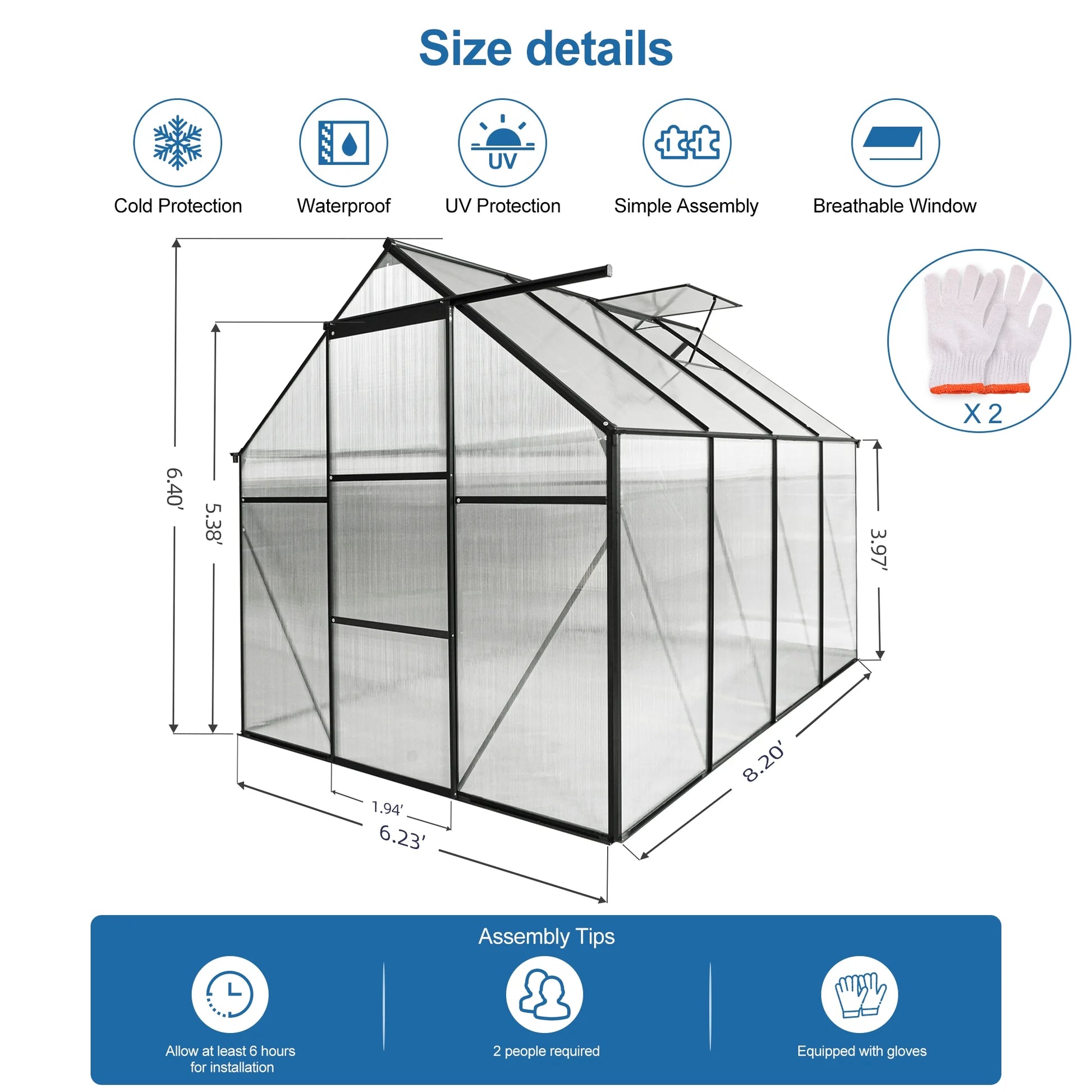 Walk in Greenhouse, Garden Greenhouse for Outdoors, Upgraded Polycarbonate Plant Greenhouse with Sliding Door, Adjustable Roof Vent, 6.2' X 8.2' X 6.4'