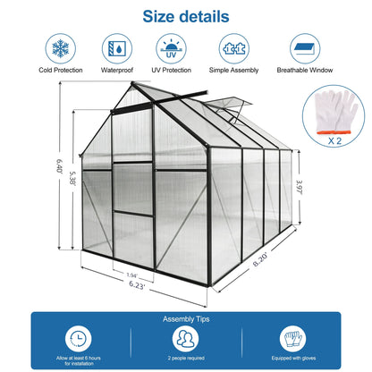 Walk in Greenhouse, Garden Greenhouse for Outdoors, Upgraded Polycarbonate Plant Greenhouse with Sliding Door, Adjustable Roof Vent, 6.2' X 8.2' X 6.4'