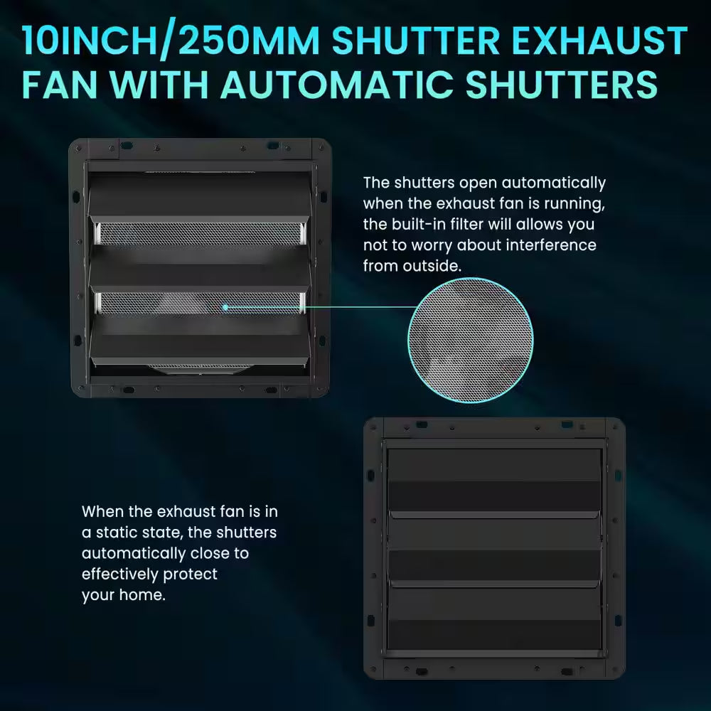 10 In. Shutter Exhaust Fan with Speed Controller, 647CFM, Black, Wall Mounted, Greenhouse Electric Powered Aluminum