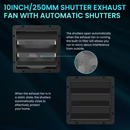 10 In. Shutter Exhaust Fan with Speed Controller, 647CFM, Black, Wall Mounted, Greenhouse Electric Powered Aluminum