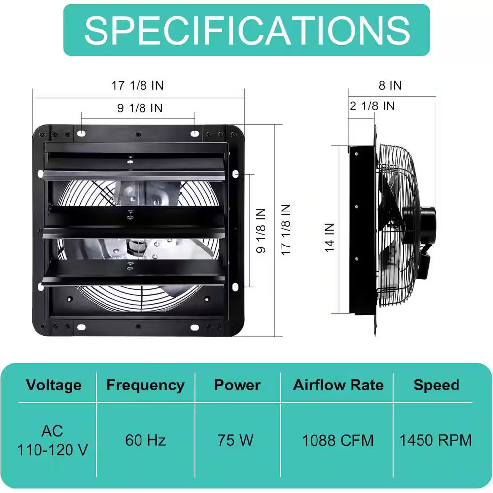 14 In. Wall Mount Shutter Exhaust Fan, 1088 CFM, Black, for Greenhouse, Garage, Barn Ventilation