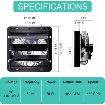 14 In. Wall Mount Shutter Exhaust Fan, 1088 CFM, Black, for Greenhouse, Garage, Barn Ventilation