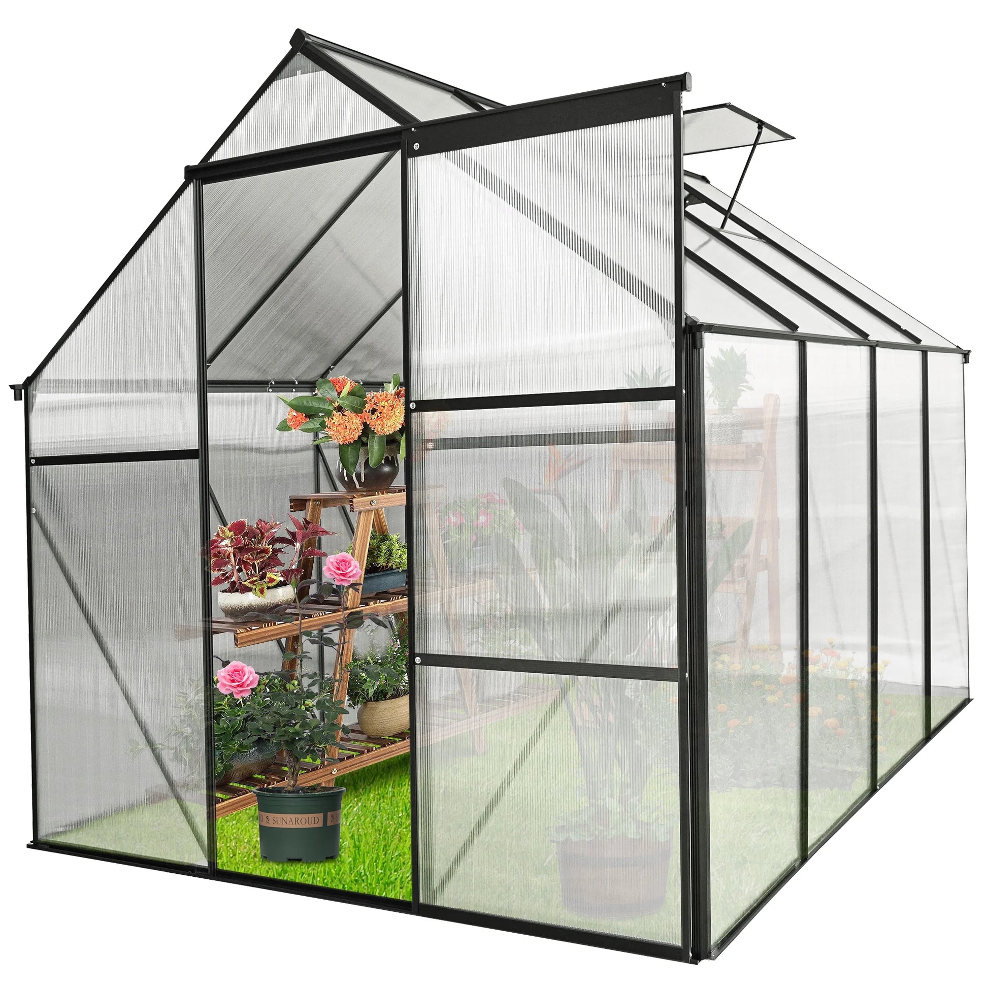 Walk in Greenhouse, Garden Greenhouse for Outdoors, Upgraded Polycarbonate Plant Greenhouse with Sliding Door, Adjustable Roof Vent, 6.2' X 8.2' X 6.4'