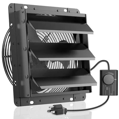 10 In. Shutter Exhaust Fan with Speed Controller, 647CFM, Black, Wall Mounted, Greenhouse Electric Powered Aluminum