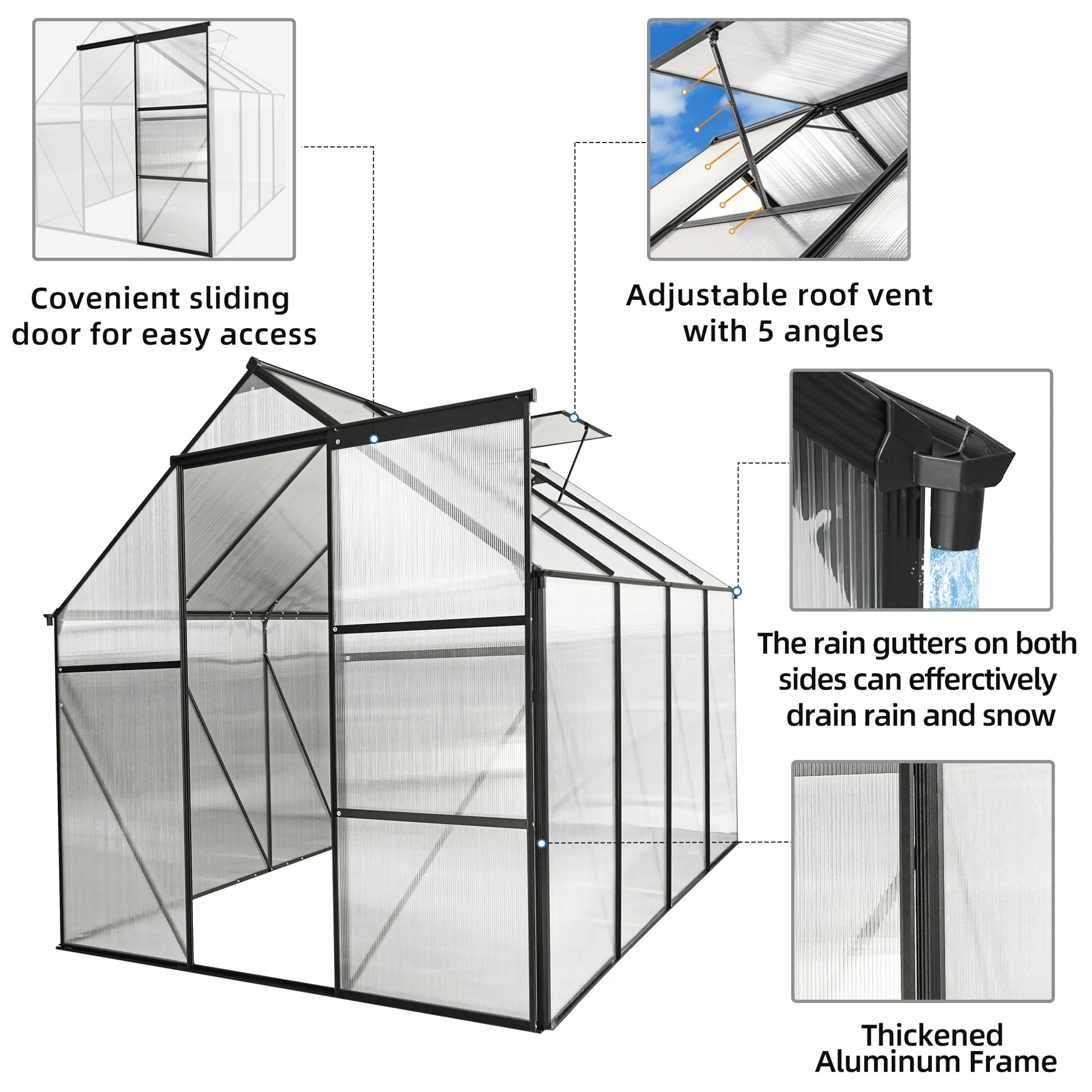 Walk in Greenhouse, Garden Greenhouse for Outdoors, Upgraded Polycarbonate Plant Greenhouse with Sliding Door, Adjustable Roof Vent, 6.2' X 8.2' X 6.4'