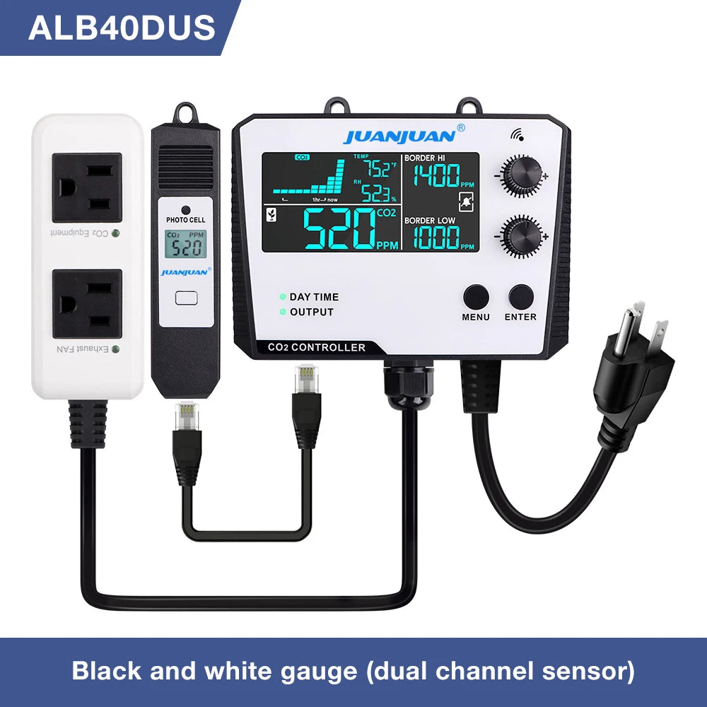 Smart CO2 Controller Dual Channel NDIR CO2 Sensor Day Night Carbon Dioxide Detector 0-5000PPM for Greenhouse Hydroponics