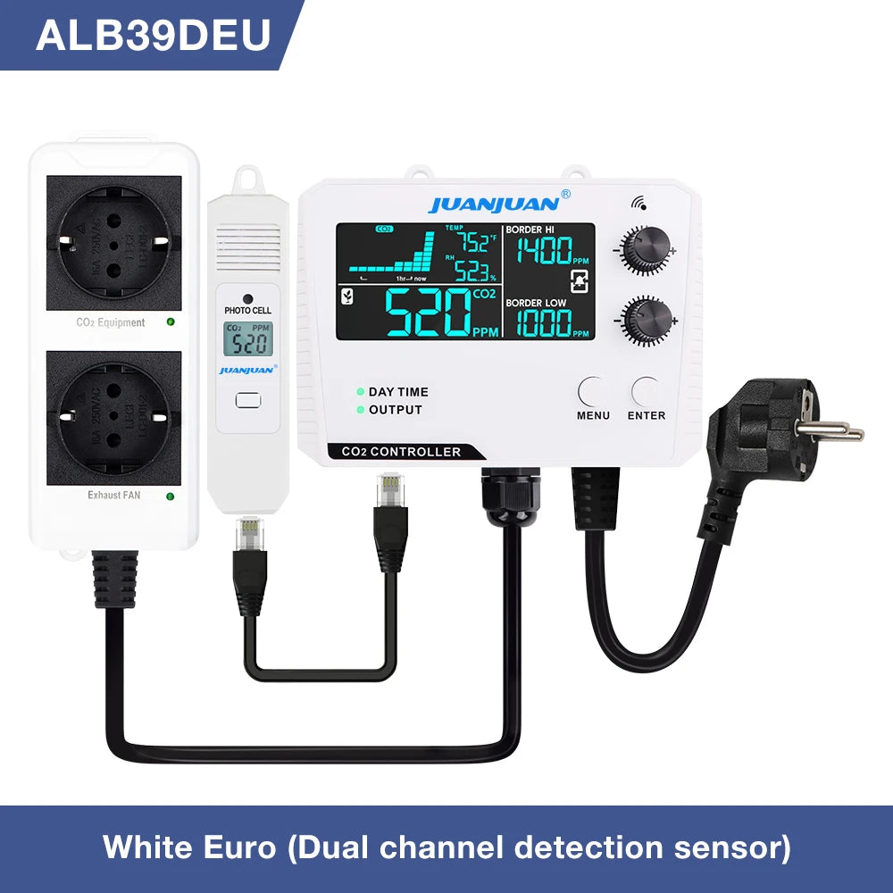 Smart CO2 Controller Dual Channel NDIR CO2 Sensor Day Night Carbon Dioxide Detector 0-5000PPM for Greenhouse Hydroponics
