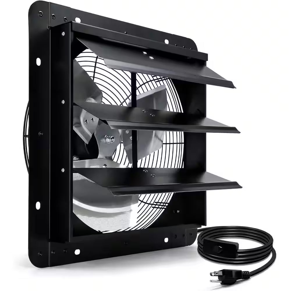 14 In. Wall Mount Shutter Exhaust Fan, 1088 CFM, Black, for Greenhouse, Garage, Barn Ventilation