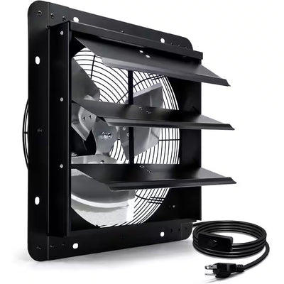 14 In. Wall Mount Shutter Exhaust Fan, 1088 CFM, Black, for Greenhouse, Garage, Barn Ventilation
